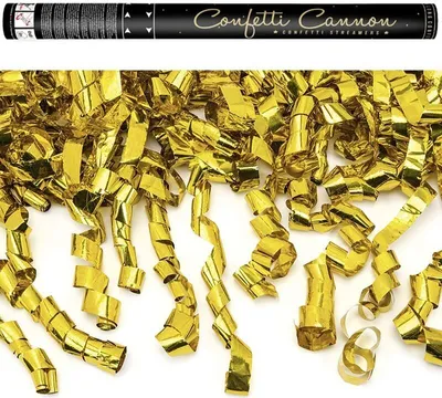 A confetti cannon and a pile of gold streamers.