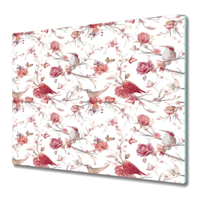 Produktbild von Küchenschneidebrett - Glasschneidebrett - Herdabdeckung - 60x52 - Rote Vögel und Rosen