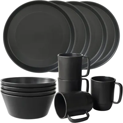 Produktbild von Geschirrset Kunststoff 12tlg. rund schwarz für 4 Personen, bruchfest, mikrowellengeeignet