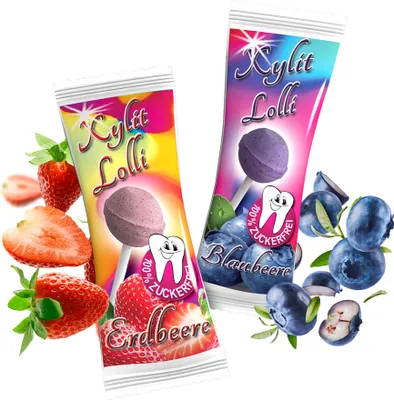Produktbild von Xylit Birkenzucker Lolli MIX Erdbeere & Blaubeere | 50 Stk x 6g | zuckerfreier Dauerlutscher | vegan & kalorienreduziert | Zahnpflege Lollipop