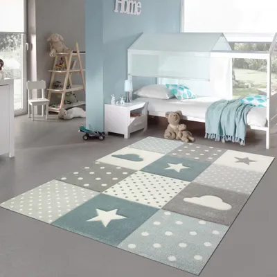 Produktbild von Kinderteppich Junge Teppich Kinderzimmer mit Stern Wolke in Blau Grau Creme Größe - 160 x 230 cm