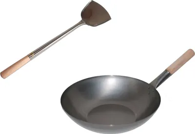 Produktbild von WOK SET, 36FB-S04, Wok Pfanne 36 cm Ø flacher Boden Kohlenstoffstahl + Spahtel Edelstahl 43 cm lang mit Holzgriff