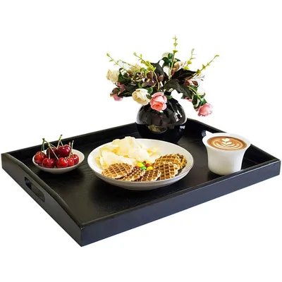 Produktbild von Großes Holztablett 40×28 cm – Schwarzes Serviertablett mit Griffen – Rechteckiges Tablett für Küche, Gastronomie & Dekoration