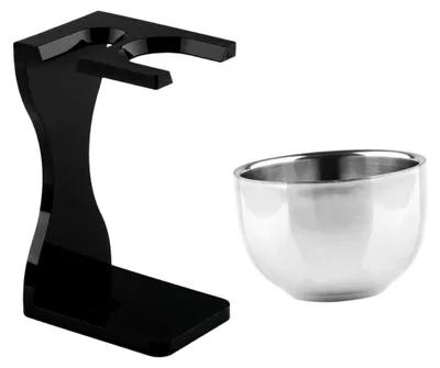 Image de Kit d'entretien de la barbe comprenant un bol à rasage noir et un support pour pinceau à barbe