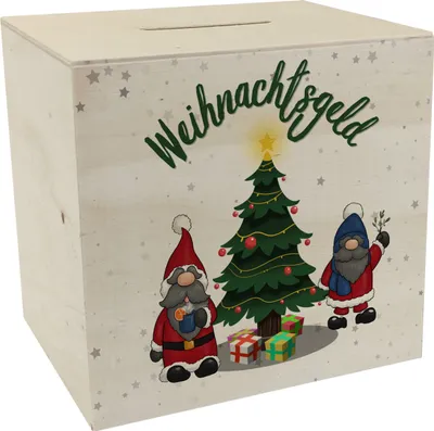 Produktbild von Weihnachtsgeld Spardose aus Holz mit zwei niedlichen Weihnachtswichteln