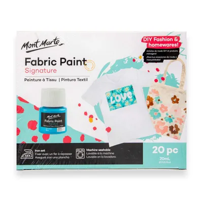 Produktbild von Mont Marte Textilfarbe SIGNATURE-Set, waschfesten Stofffarben, 20 Stück x 20ml Dosen, Waschfest & Hochpigmentiert, in verschiedenen Set-Größen