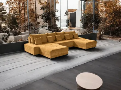 Zdjęcie produktu dla Narożnik z funkcją spania i podstawą do łóżka RELAXO w kształcie litery U - komfort i styl dla Twojego salonu w kolorze żółtym