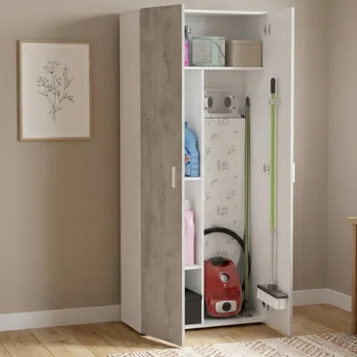 Image de Ashkita - Armoire Multiusage 2 Portes, 80x182h cm Gris Ciment, 3 Étagères