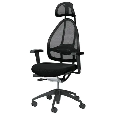 A black office chair with a headrest, shown from a front-diagonal angle against a white background.