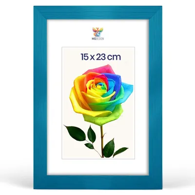 Produktbild von MG Design Bilderrahmen 15 x 23 cm - Fotorahmen mit Türkis Holzrahmen (Echtholz) und bruchsicherem Acrylglas, Hoch & Quer zum Aufhängen, zum Aufstellen