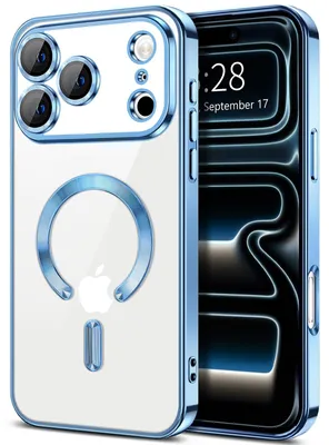 Obrázek produktu pro Měkké průhledné magnetické pouzdro pro iPhone 17 Pro, kompatibilní s MagSafe, s ochranou fotoaparátu, galvanicky pokovené TPU Světle modrá