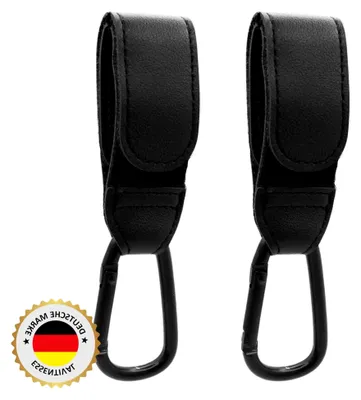 Produktbild von Kinderwagenhaken für Taschen (2 Stück) - Universeller Karabiner für Kinderwagen, Robuste Haken als Taschenhalter, Anhänger für Kinderwagen in Schwarz