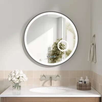 Produktbild von LED Badspiegel Rund 60cm - Badezimmerspiegel mit dimmbarer Beleuchtung, 3-fach Vergrößerung, Uhr - beschlagfrei - Touch - Schwarz Aluminiumrahmen