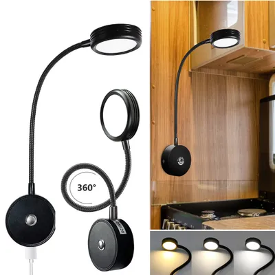 Produktbild von 2x nástěnná lampa na čtení, 12V LED nástěnné světlo s vypínačem, nástěnná lampa na husím krku černá, stmívatelné světlo na čtení pro obytný automobil, karavan, loď