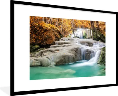 Produktbild von MuchoWow® Gerahmtes Poster Wald - Wasserfall - Herbst 90x60 cm - Poster mit Schwarzem Bilderrahmen Wandposter Rahmen Foto Bilder - Wanddekoration - Fotos