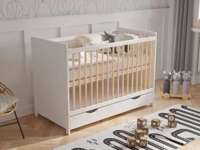 Produktbild von Babybett Gitterbett mit Schublade und Aloe Vera Matratze 120 x 60 cm + Sicherheitsbarriere