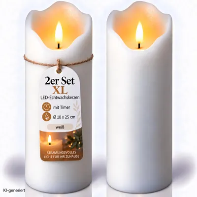 Produktbild von 2er Set XL LED Echtwachskerzen 10 x 25 cm mit Timer, 3D Flackereffekt, batteriebetrieben, Weiß – Flammenlose Deko-Kerzen, KI-generiertes Bild