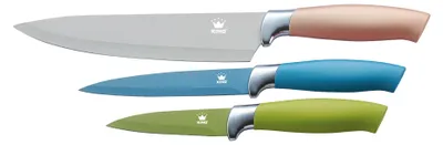 Produktbild von 3tlg. Messerset KING® METALLIC DESIGN mit Edelstahl beschichtete Klingen / Größen: Kochmesser 20cm, Universalmesser 12.5cm,  Gemüsemesser 8.5cm