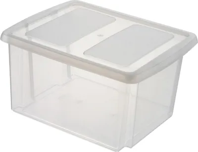 A clear, studio shot of a transparent storage box with a lid.