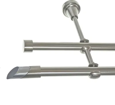 Produktbild von Gardinenstange Set Edelstahl Look Metall Ø 16mm zur Wandbefestigung 2-lauf Schräge - Spitz, Länge wählbar H24 E13 E16