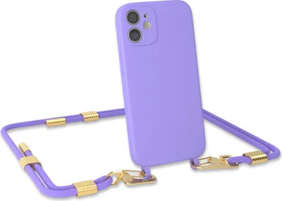 Produktbild von EAZY CASE Handykette Silikon mit Clips 2 in 1 kompatibel mit Apple iPhone 12 Mini Handyhülle mit Umhängeband, Handykordel mit Silikon, Hülle mit Band, Lila - Clips Gold