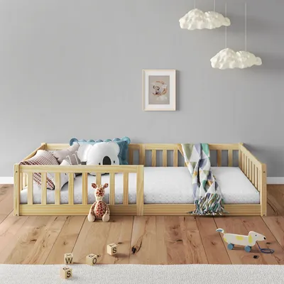 Produktbild von Bodenbett GUSTAVO mit Rausfallschutz Kiefer Massiv – Natur 90 x 200 cm Bodenbett mit Rausfallschutz Montessori-Kinderbett