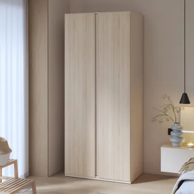 Produktbild von Forte PANOPTIK Kleiderschrank 90, schmaler, moderner Schrank, 2-türig, Schlafzimmer, Flur, Jugendzimmer, Holzwerkstoff, Kaschmir|Beige|Riva Eiche Holzdekor, 48 cm breit x 210,5 cm hoch x 54,2 cm tief