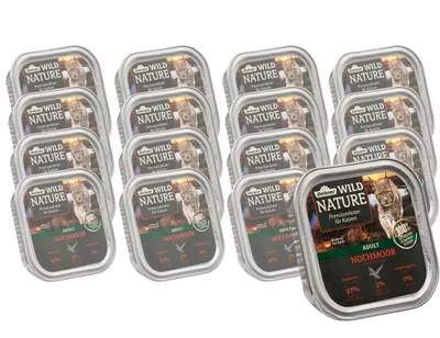 Produktbild von Dehner Wild Nature Katzenfutter Hochmoor, Nassfutter getreidefrei / zuckerfrei, für ausgewachsene Katzen, Ente / Pute, 16 x 100 g Schale (1.6 kg)