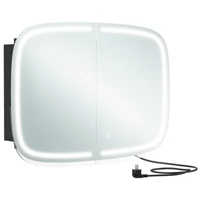 A modern, illuminated mirrored cabinet with a black frame and a power cord.