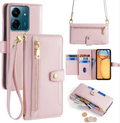 Produktbild von Handykette Xiaomi Hülle mit Band Handyhülle Kartenfächer Kunstleder Umhängetasche Redmi 13C / Poco C65 Rosa