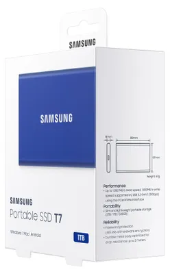 Produktbild von Samsung Portable SSD T7, 1 TB, USB Typ-C, 3.2 Gen 2 (3.1 Gen 2), 1050 MB/s, Passwortschutz, Blau