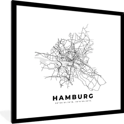 Produktbild von MuchoWow® Gerahmtes Poster Stadtplan - Schwarz-weiß - Karte - Hamburg - Deutschland 40x40 cm - Poster mit Schwarzem Bilderrahmen Wandposter Rahmen Foto Bilder - Mit Rahmen - Wanddekoration Schlafzimmer