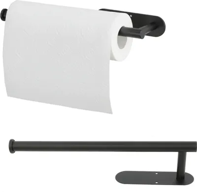 Image de Porte-rouleau de cuisine Support mural adhésif en acier noir pour essuie-mains en papier