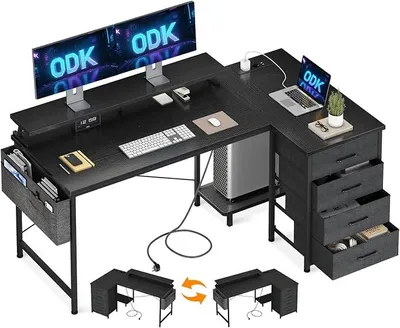 Productafbeelding van Bureau in L-vorm met lades, 140x80 cm, hoekbureau, omkeerbaar, met USB-oplaadpoort en stopcontact, L-vormig bureau met monitorhouder, geschikt voor thuiswerken, zwart
