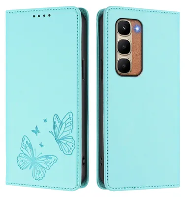 Image de Étui en cuir pour Infinix Hot 70 4G, étui de protection type portefeuille en cuir gaufré « papillon » avec support, couleur turquoise
