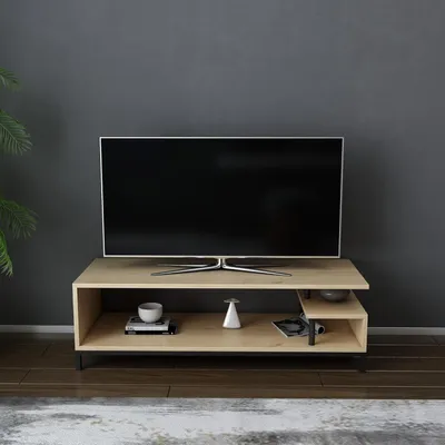 Image de Support TV industriel Hanah, noir et chêne, 120 x 44,6 x 37,6 cm, 100% mélaminé, fabriqué en panneaux de particules de 18 mm d'épaisseur, élégant et durable, idéal pour les intérieurs modernes