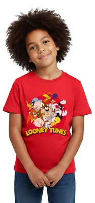 Produktbild von Spreadshirt Looney Tunes Bugs Bunny Logo Gruppenbild Kinder T-Shirt, 98/104 (3-4 Jahre), Rot