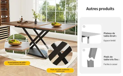Image de Table à manger - Table de cuisine télescopique à rallonges - 120–160 × 80 cm - Peu encombrante - Pieds métalliques croisés noirs - Marron