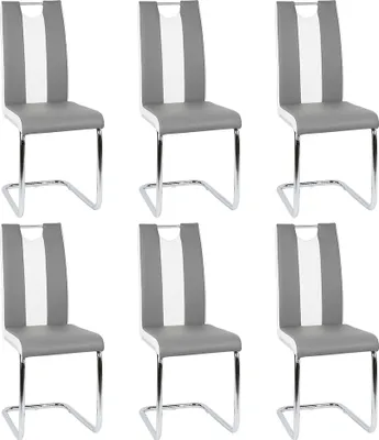 Produktbild von 6er set Esszimmerstühle Freischwinger Küchenstuhl, Polsterstuhl, Stuhl Esszimmer Kunstleder Weiß+Grau
