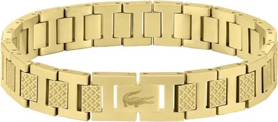 A gold-colored bracelet with a clasp featuring the Lacoste logo.