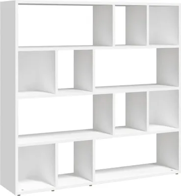 A white, multi-compartment bookshelf or room divider is shown against a white background.