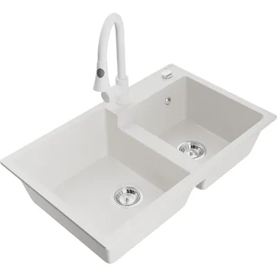 Obrázek produktu pro Mexen Tomas 2-miskový granitový dřez s kuchyňskou baterií Elia, Bílá - 6516-20-670101-20
