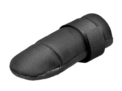 A black dog paw protector shoe is shown against a white background.
