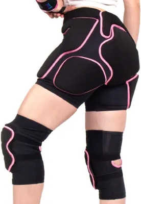 Produktbild von 3D verstärkte Kniebeschermungsshorts-Set | Schutz für Hüfte, Knie und Sprunggelenk für Skifahren, Skateboarden, Snowboarden, Volleyball und Eiskunstlauf | Verstellbare, atmungsaktive Kniebeschutz für Damen, Rosa und Schwarz