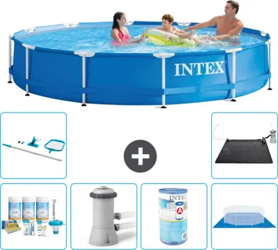 Produktbild von Intex-Schwimmbecken mit rundem Rahmen – 366 x 76 cm – Blau – im Lieferumfang enthalten Wartungspaket - Filterpumpe für Schwimmbad - Filter - Bodenplane - Reinigungskit - Solarmatte