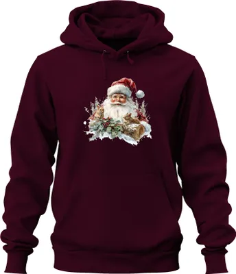 Produktbild von Weihnachtsmann Eichhörnchen Stechpalme Schnee Holzstamm Vintage Uni Hoodie Kapuzenpullover, Burgundy, XXL