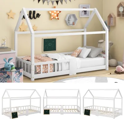 Produktbild von Kinderbett 90x200 cm Hausbett aus Kiefernholz Weiß mit Rausfallschutz und Tafel für Kinderzimmer