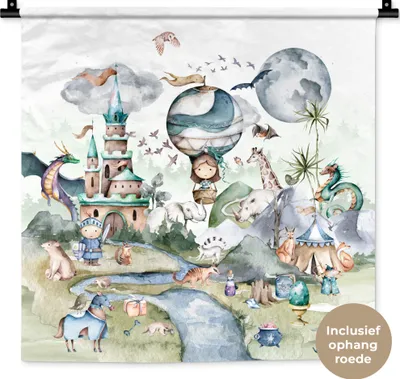 Produktbild von MuchoWow® Wandteppich Wandbehang Kinder - Heißluftballon - Drache - Jungen - Burg - Aquarell 60x60 cm Tapisserie Dekoration Wandtuch - Dekorationen - Wand Decke