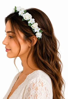 Produktbild von Blumen Haarreif "Sabia" mit Rosen und Blüten | Creme Weiß