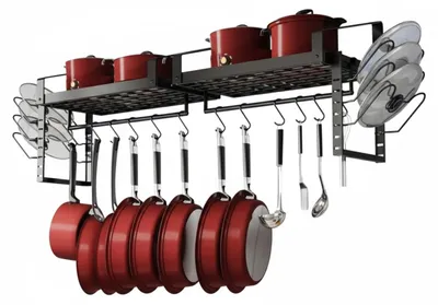 Produktbild von Topfdeckelhalter Wandmontage, platzsparend, mit 12 Haken und Ablagen, für die Küche